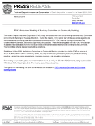 FDIC Announces Meeting of Advisory Committee on Community Banking