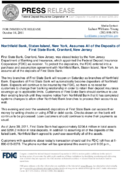 Northfield Bank Staten Island New York Assumes All of the Deposits of First State Bank Cranford New Jersey