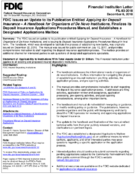 The FDIC Issue an Update to its Publication Entitled Applying for Deposit Insurance  A Handbook for Organizers of De Novo Institutions Finalizes its Deposit Insurance Applications Procedures Manual and Establishes a Designated Applications Mailbox