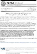 FDIC Announces Settlement With Monterey County Bank Monterey California for Deceptive Practices