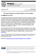 FDIC Issues September List of Banks Examined For CRA Compliance