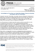 Oriental Bank and Trust San Juan Puerto Rico Assumes All of the Deposits of Eurobank San Juan Puerto Rico